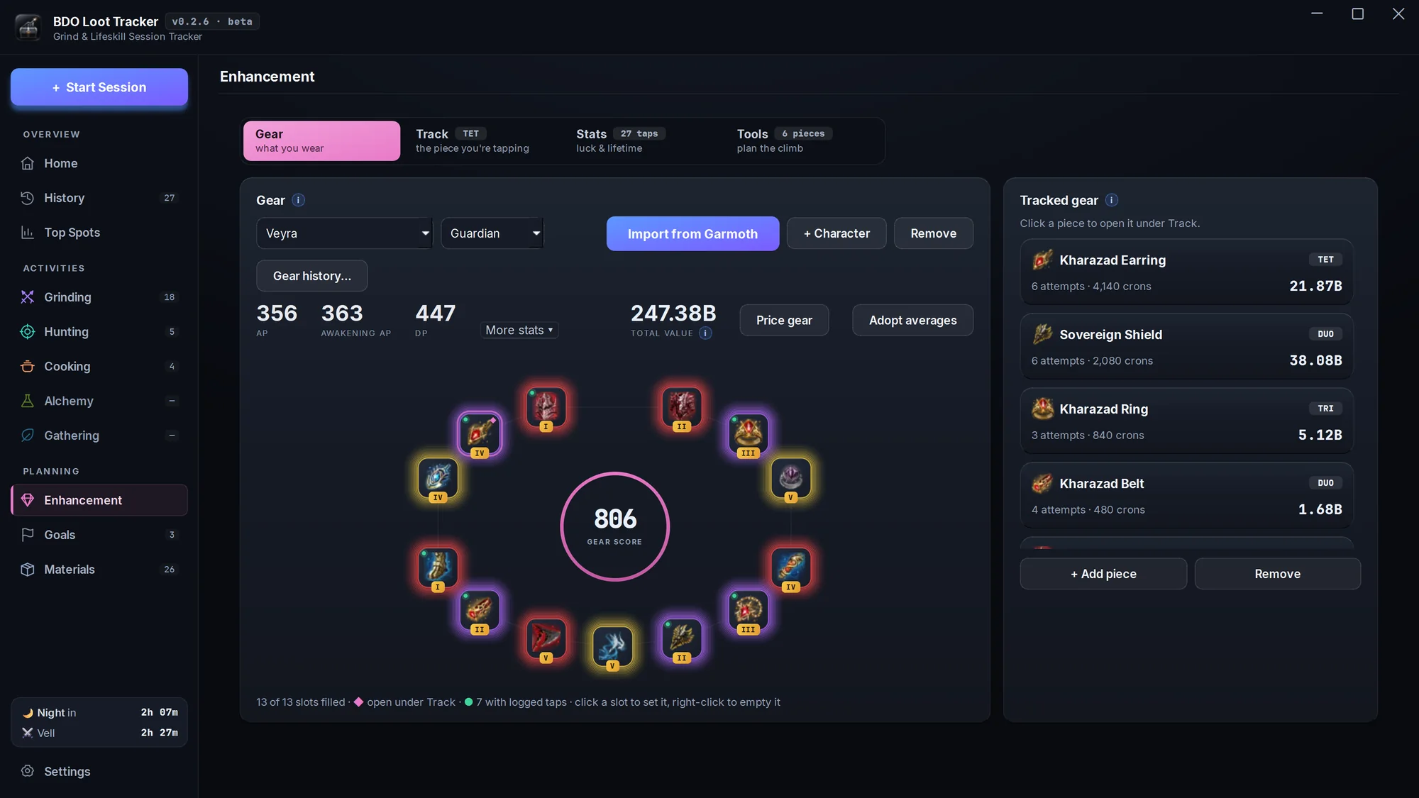 Enhancement, Gear view: thirteen equipped pieces in a ring around a gear score of 806, with AP, DP, total value and the tracked pieces list.