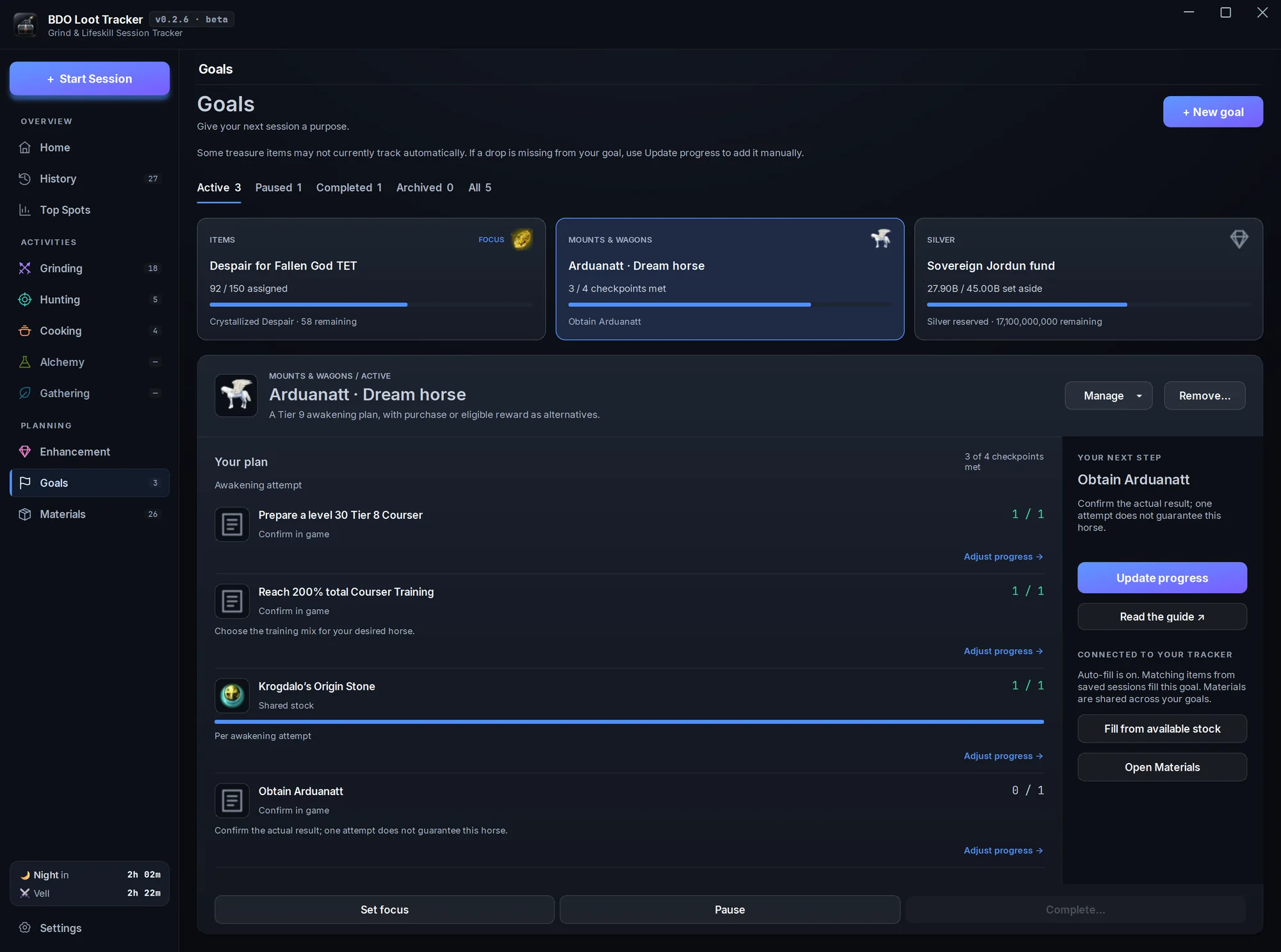 Goals: three active goals, a Crystallized Despair stockpile, an Arduanatt dream horse at 3 of 4 checkpoints, and a silver fund, with the horse plan open.