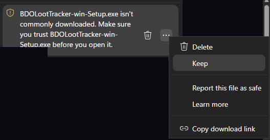 Edge download bubble: the file isn't commonly downloaded — the ⋯ menu shows Keep