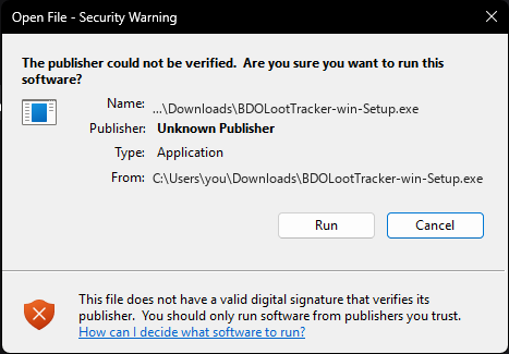 Windows Open File security warning: publisher could not be verified — Run